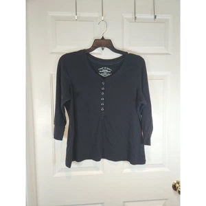 Women's sz 18 20 1X Black 3/4 Sleeved T Shirt Waffle Weave Henley by Avenue - Picture 1 of 7