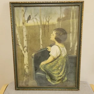 Framed Lithograph SPRING SONG Blind Girl by Simon Glucklich 13x17 VINTAGE ART - Picture 1 of 10