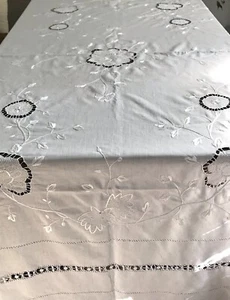 Antik groß Tischdecke EDEL Stickerei fein Batist Spitze Handarbeit Lochsaum weiß - Bild 1 von 24