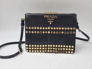 Prada Milano Crossbody Bag Gold Studded Black Leather Authentic T2650 W18 - Picture 1 of 13