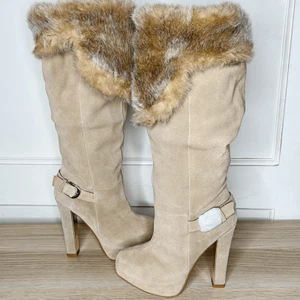 Colin Stuart Over The Knee Fur Suede Boots Heeled Tan Nwot Size 6.5B - Picture 1 of 8