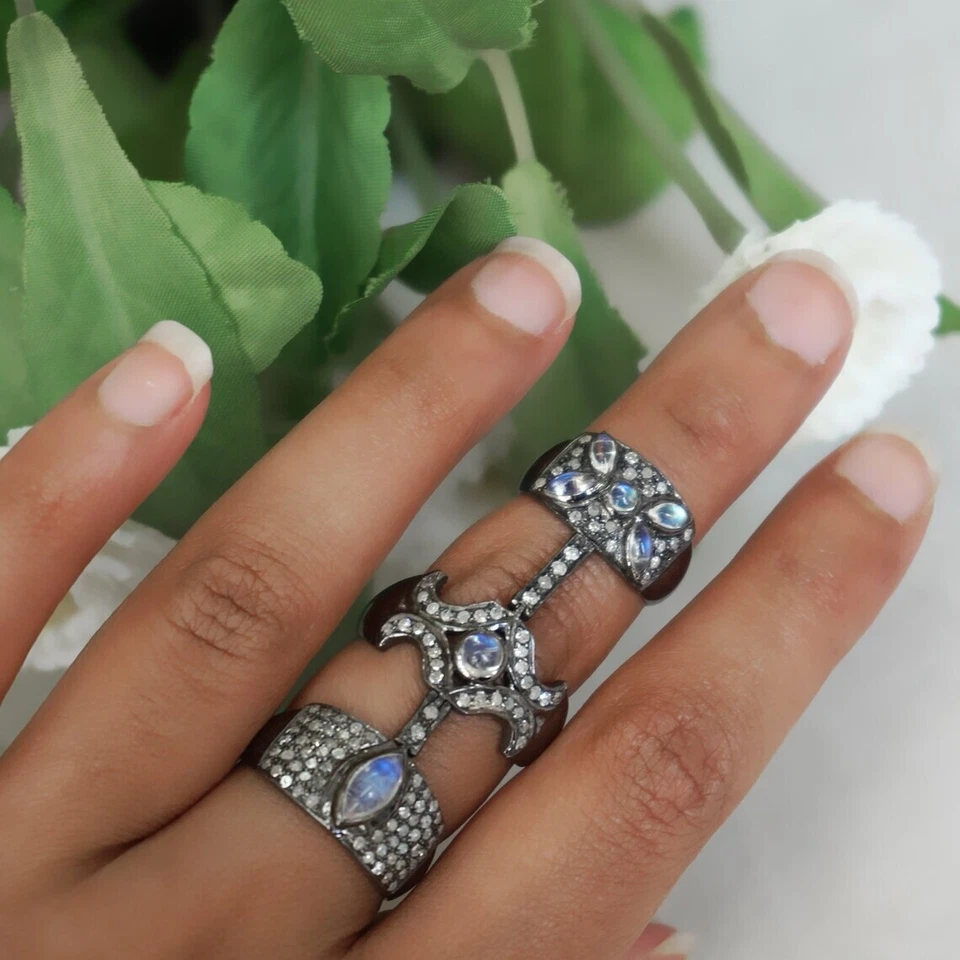 Rainbow Moonstone &Pave Diamond Ring,Knuckle Ring 925 Sterling Silver,Gift - Image 1 of 4