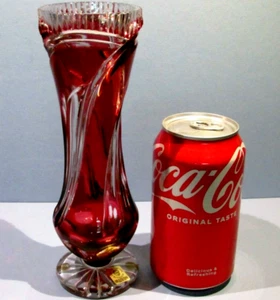 NIB 8" CAESAR CRYSTAL Red Vase Hand Cut to Clear Overlay Czech Bohemian Cased - Picture 1 of 9