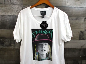 Stussy Shirt Womens Large White Laura Sketch Cuff Tee Graphic Short Sleeve Top - Picture 1 of 14