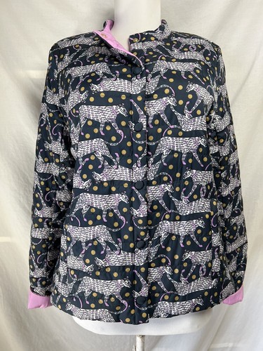 Nuova giacca trapuntata reversibile Kate Spade taglia S arricciacapelli pantera lilla blu navy