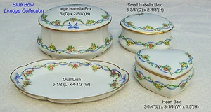 French Limoge "Blue Bows" Isabella Box, Trinket Box, Oval Dish, Heart - Picture 1 of 6