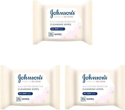 Johnson's Makeup Be Gone Extra-Sensitive Wipes, 25 Wipes Per Pack x 3 - Image 1 of 4