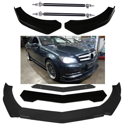 Front Bumper Lip Splitter Spoiler + Strut Rods Glossy Black For Bens Body Kit - Image 1 of 4