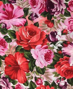 PASSION BY PAT SMITH FOR KINGS ROAD PINK RED TROPICAL FLORAL COTTON FABRIC HY - Picture 1 of 7