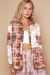 Women's Shirt- POL Crochet Plaid Patchwork Button Up Shirt - Picture 1 of 6