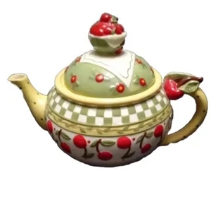 Mary Engelbreit Cherries Jubilee Teapot Ceramic Enesco 1998 Hand Paint - Picture 1 of 8