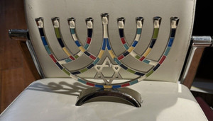 Vintage colorful l Jewish Menorah  - enameled  metal - nice