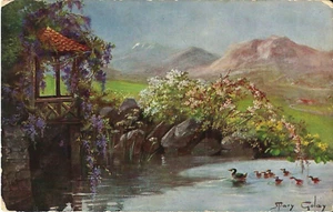 Artist Mary Golay. Landscape Postcard. 'Ducks on Pond. Distant Mountains.' UNP - Picture 1 of 2