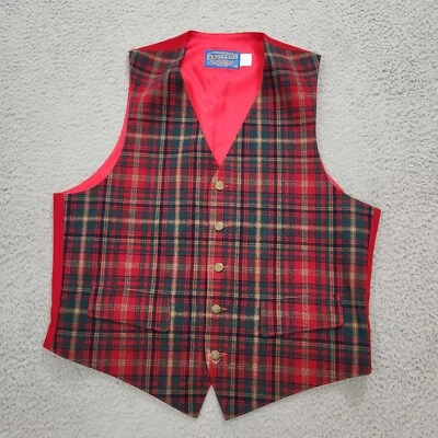 Vintage Pendleton Waistcoat Men 42 Red Tartan Plaid Virgin Wool 5 Button US Made - Изображение 1 из 4