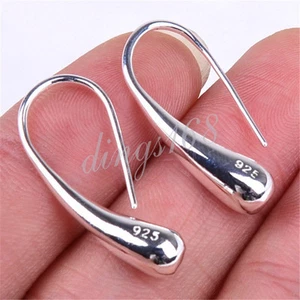 Genuine 925 Sterling Silver Elongated Teardrop Drop Charm 1" Hoop Earrings H010 - Picture 1 of 1