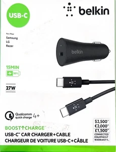 Belkin USB-C Car Charger with 4-Ft Charging Cable 27W - Black (Open Box) - Picture 1 of 3