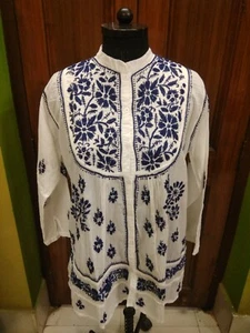 XL 2XL ARTISAN EXCELLENT CHIKAN EMBROIDERY 100% COTTON HANDMADE KURTA TOP KURTI - Picture 1 of 6