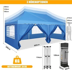 Pavillon 3x6 Wasserdicht Stabil Winterfest, Faltbar Partyzelt mit Seitenwänden~ - Bild 1 von 10
