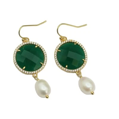 Brincos de gancho pendurados CZ Pave Coin verde jade natural branco água doce arroz pérola - Imagem 1 de 4