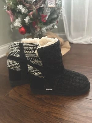 Muk Luks черный белый Herringbone свитер "Sherpa" FuzzyWrap ботинки женщин Sz 8 - Изображение 1 из 4