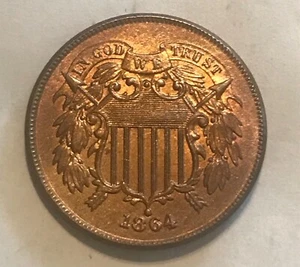 1864 Large date, Two cent Piece, uncirculated Red / Brown. - Picture 1 of 2