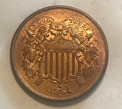 1864  Large date, Two cent Piece, uncirculated Red / Brown. - Image 1 of 2