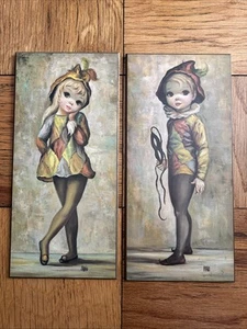 Vintage Mid Century Harlekin Narren Junge & Mädchen MAIO Wandtafeln 15” x 7” MCM - Bild 1 von 4