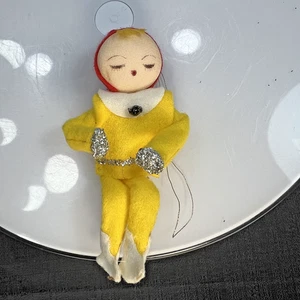 Vintage Stoff Gesicht gelb Pixie Elfe Knie Umarmung Weihnachtsschmuck Japan 4,5 Zoll - Bild 1 von 4