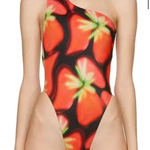 Louisa Ballou XS rot schwarz abstrakt Feuerwerk Einteiler Schulter Badeanzug USA - Bild 1 von 10