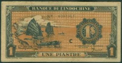 Indochina ND (1942-45) 1 Piastre Pick 58 Serial# B 307067. XF-AU - Image 1 of 2