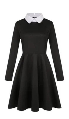 Miulruma (S) Wednesday Addams Halloween Costume Skater Dress Knee High Stockings - Image 1 of 4