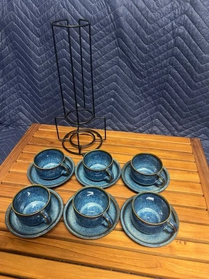 Juego de 6 tazas de café espresso apilables de porcelana de 4 oz con platillos soporte de metal azul Foto 1 de 4