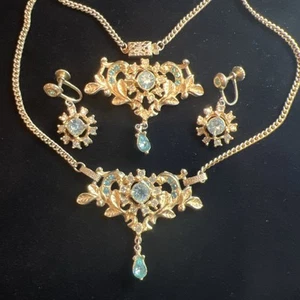 Antique Art Nouveau Blue Crystal Necklace, Brooch And Earring Set - Picture 1 of 11