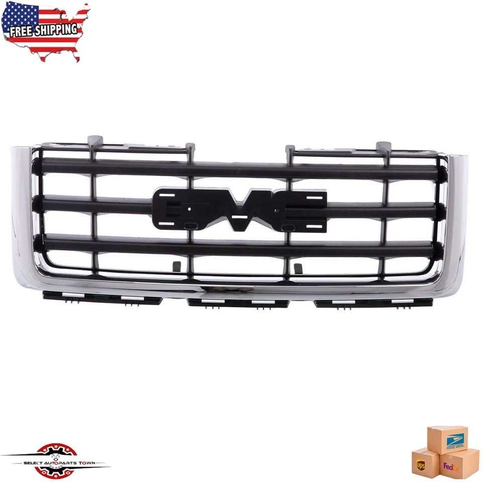 Fits 2007-2013 GMC Sierra 1500 Front Grille Assembly Chrome Shell Black Insert - Imagem 1 de 4