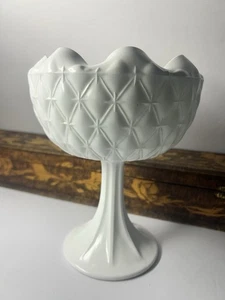 Indiana White Milk Glass Compote Diamond Quilt Duette 9” Pedestal Bowl Vintage - Picture 1 of 4