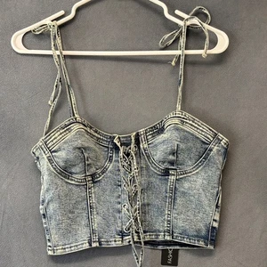 Fashion Nova Washed Denim Corset Crop Top Tie Straps Size M NWT Sexy Y2K Skater - Picture 1 of 14