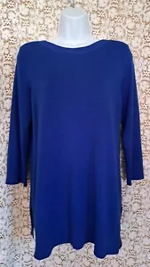 Adrienne Vittadini Sweater M Royal Blue Ribbed Detail Side Slits Boat Neck 3/4 - Picture 1 of 10