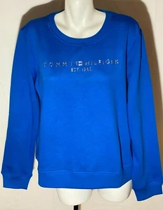Tommy Hilfiger Women Top Sweat Shirt Large Blue Raised Silver Logo New NWT Men - Picture 1 of 8