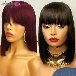 Pixie Short Cut Bob Wigs With Bangs Straight Non Lace Front Human Hair Wig Women