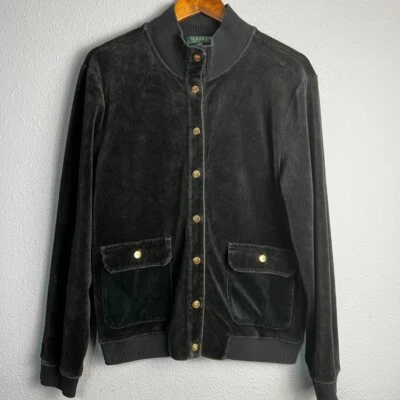 Chaqueta Bomber Lauren Ralph Lauren Terciopelo Botones Dorados Bolsillos Informal Talla XL Foto 1 de 4
