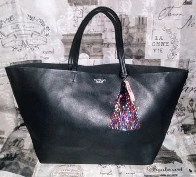 VICTORIA SECRET BLK Ltd Ed XL FauxPebbledLeather Tote RainbowSparkle Tassel NWT❤ - Image 1 of 4