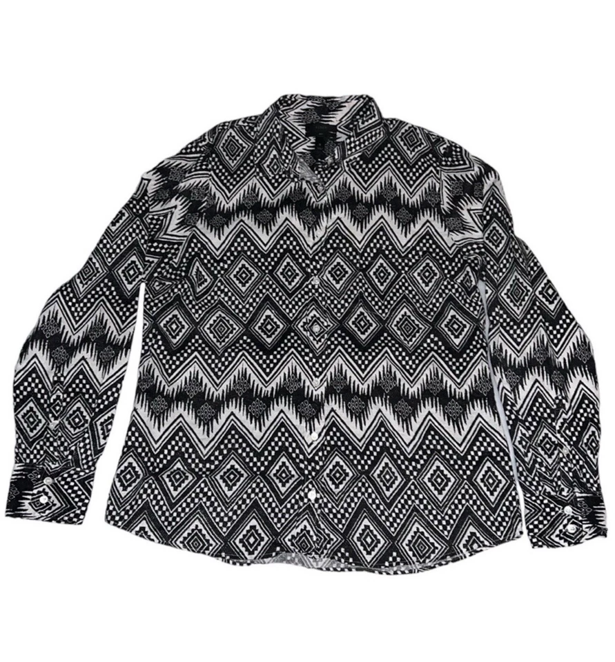 J. Camisa Crew feminina masculina 100% linho estampa asteca botão para cima tamanho 12 - Imagem 1 de 4