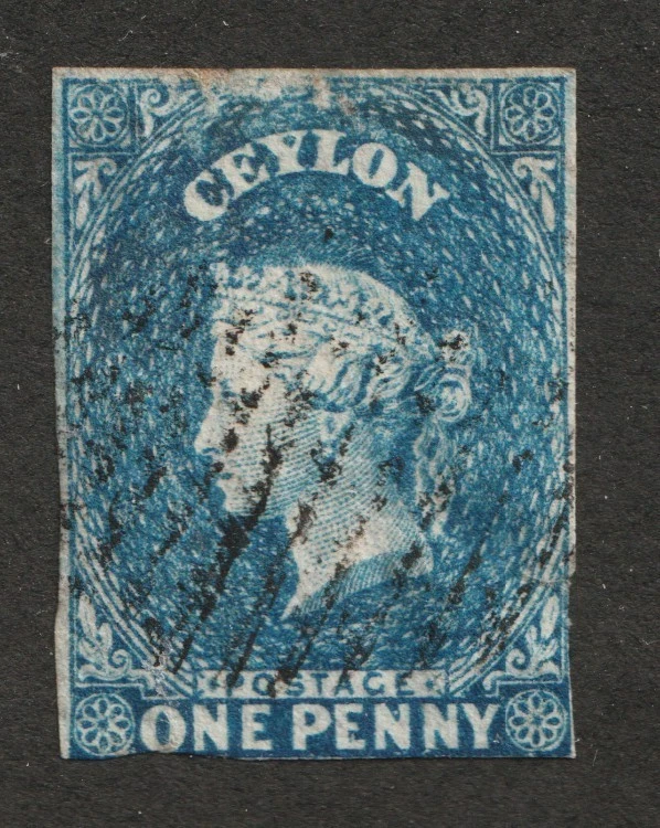 1857 Ceilán Sc#1 (papel azul) - Un centavo, reina Victoria. Cv$500 usado Foto 1 de 1
