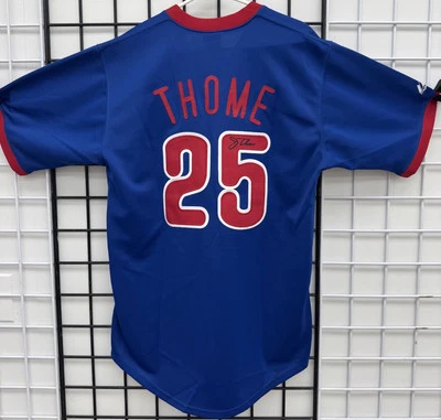 Camiseta Majestic autêntica azul/vermelha autografada por Jim Thome Phillies com etiquetas SEM CERTIFICADO DE AUTENTICIDADE - Imagem 1 de 4