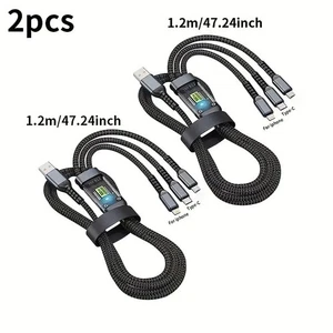Pack of 2 100W 3 in 1 Fast Charging Cable USB C Micro USB Type A Braided Cord - Picture 1 of 5