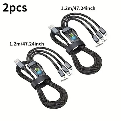 Pack of 2 100W 3 in 1 Fast Charging Cable USB C Micro USB Type A Braided Cord - Image 1 of 4