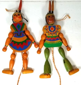Vintage Indianer Indianer Junge & Mädchen Hampelmann Holz Zugschnur Österreich - Bild 1 von 22