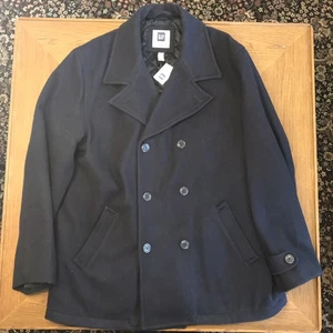 NWT GAP Pea Coat Mens XL Navy Blue Wool Blend Jacket Double Breasted EXCELLENT - Picture 1 of 17