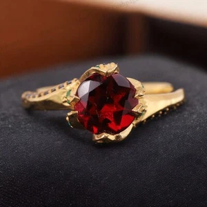 925 Sterling Silver 6 mm Round Shape Natural garnet Ring Yellow Gold Plated Rin - Picture 1 of 5
