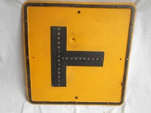 ANTIQUE 'RIGHT T-INTERSECTION" ROAD SIGN GLASS REFLECTORS VINTAGE CAT EYE - Picture 1 of 10